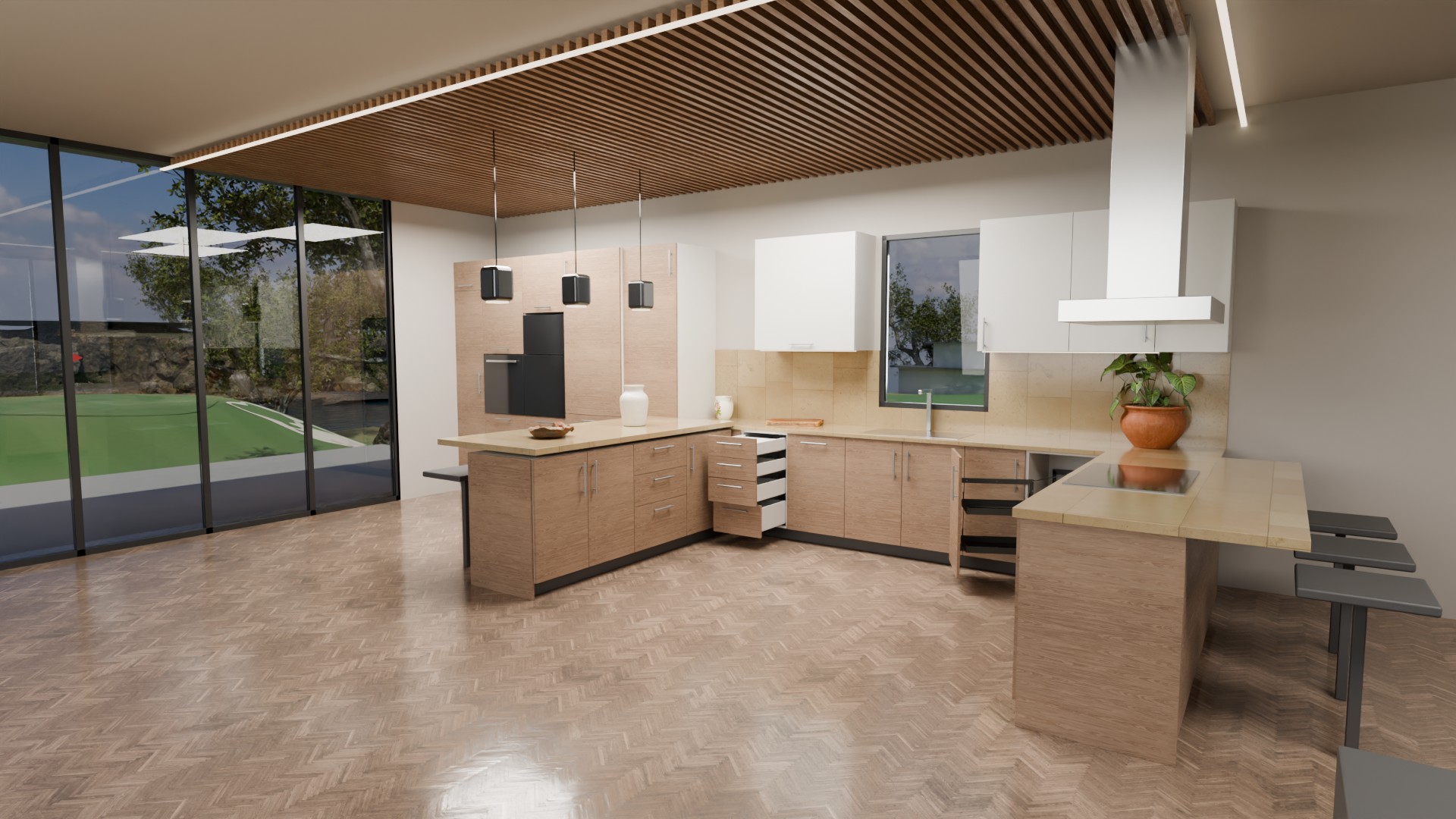 Cocina 1 vista general: muebles de roble, cielorraso de listones y ventanal al jardín de golf