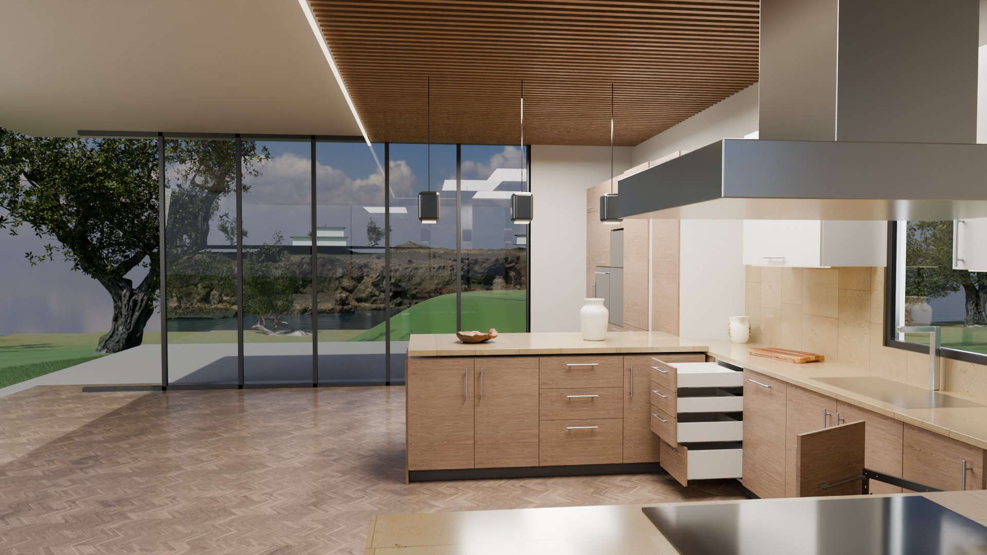 Vista desde la cocina hacia el jardín: césped, bahía, punta rocosa con casas y árboles